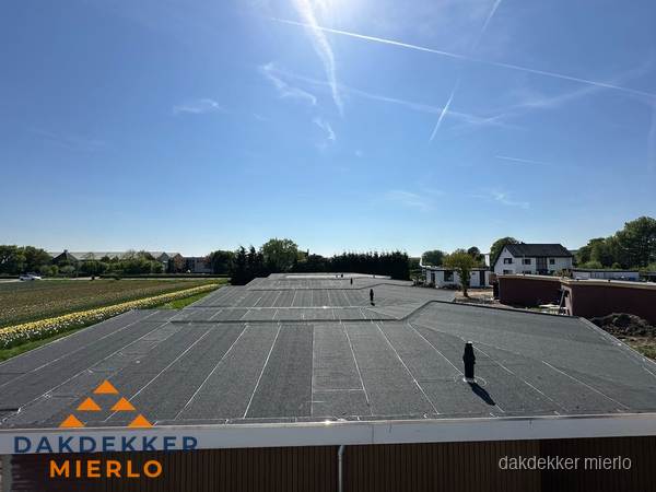 Groot plat dak met bitumen dakbedekking op bedrijfspand in Mierlo Groot plat dak met bitumen dakbedekking op bedrijfspand in Mierlo